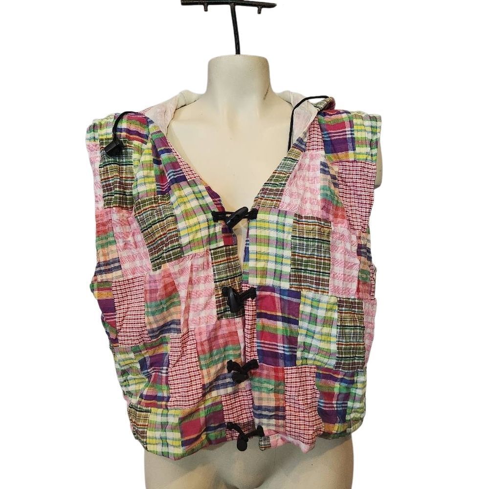 Vintage 90s Instyle Plaid Patchwork‎ Hooded Vest Size Medium